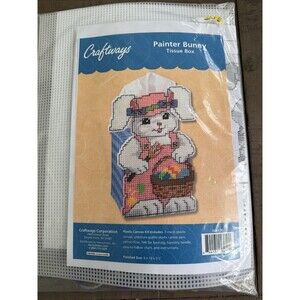 Craftways Easter Bunny Painter Tissue Box Cover #020170 Plastic Canvas Kit New